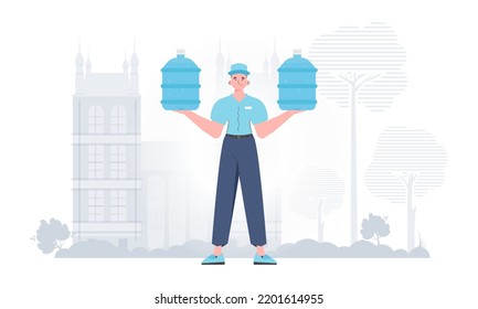 A man is holding a bottle of water. Delivery concept. The trendy character is depicted in full growth. Vector illustration.