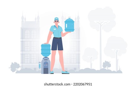 A man is holding a bottle of water. Delivery concept. The trendy character is depicted in full growth. Vector.