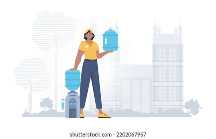 A man is holding a bottle of water. Delivery concept. The trendy character is depicted in full growth. Vector illustration.