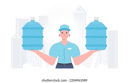 A man is holding a bottle of water. Delivery concept. The trendy character is shown to the waist. Vector illustration.