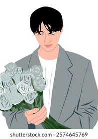 A man holding a bouquet of flowers, symbolizing romance, thoughtfulness, and celebration, perfect for themes of love, gifting, and special occasions like weddings or anniversaries.