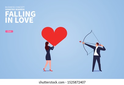 Man holding bow and arrow ready to shoot woman hands holding heart shape