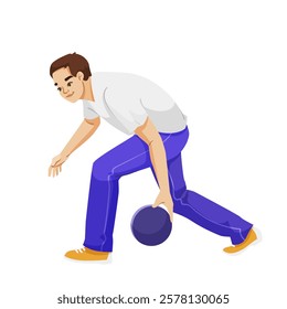 Man holding bowling ball in action pose on white background. Vector illustration