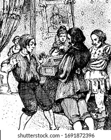 A man holding box, another man standing in front of him lift hands up, three people standing near them looking at box, vintage line drawing or engraving illustration