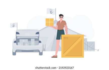 The man is holding a box. Camp with humanitarian aid. trendy style. Vector illustration.