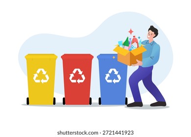 Man holding box of garbage standing near colorful recycling bins. Flat vector illustration for waste sorting management, environmental protection and ecology sustainability concept.