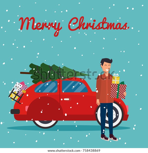 Man holding a box\
with gifts in hands. Retro red car with Christmas tree on the roof.\
Merry Christmas card.