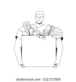 The man is holding a box of groceries.