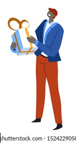 Man holding box in hand, gift for holidays vector. Isolated personage with present for special occasion. Xmas or anniversary, birthday or any event celebration and greeting. Male character flat style