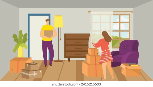 Man holding box helping with home relocation, woman arranging curtain in new house. Moving day, new home, unpacking boxes vector illustration.
