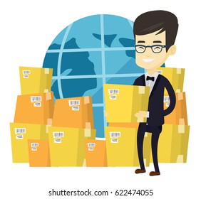 Hombre sujetando la caja en el fondo del mapa del mundo y los paquetes. Hombre trabajando en un servicio de entrega internacional. Concepto de entrega internacional. Ilustración de diseño plana de vectores aislada en fondo blanco