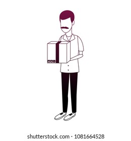 Man holding box on purple lines