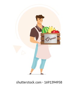 Man holding box of organic fruit flat color vector illustration. Male farmer. Farming. Healthy food seller. Supply store. Grocery retailing. Isolated cartoon character on white background