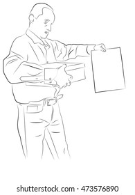 Man holding a box of papers and a piece of paper. Pencil drawing