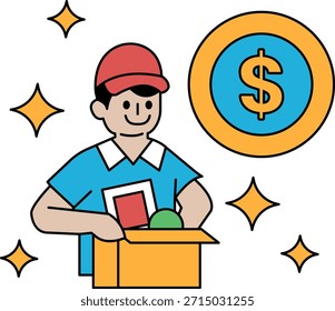 Un hombre sostiene una caja y sonríe. Un signo de dólar está por encima de él. Concepto de felicidad y éxito financiero