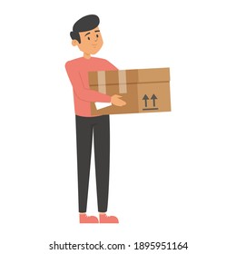 Hombre sujetando un vector de caja aislado. Persona trabajando como mensajero, servicio de entrega. Paquete pardo, idea de transporte.
