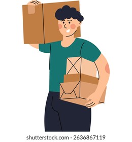 Man holding boxes in hands or delivering packages. Man holding cardboard boxes , representing delivery or moving service.