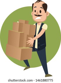 Man holding boxes, illustration, vector on white background.