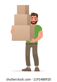Man is holding boxes on a white background. Vector illustration in cartoon style