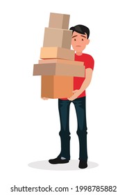 Man is holding boxes on a white background. Vector illustration in cartoon style
