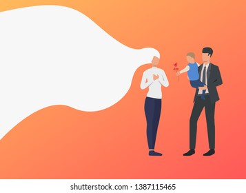 Man Holding Boy Who Is Giving Flower To Mom. Mother Love, Parenting, Relationship Concept. Vector Illustration Can Be Used For Topics Like Mothers Day, Childhood, Family