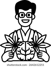 A man is holding a brain and a plant in his hands. He is smiling and he is happy