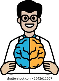 A man is holding a brain with two halves, one blue and one orange. The man is smiling, and the image conveys a sense of positivity and happiness