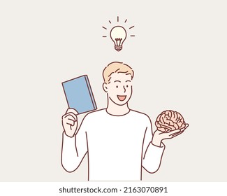 man holding brain while studying for school.  Hand drawn style vector design illustrations.