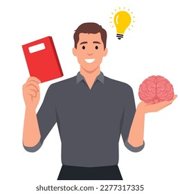 man holding brain while studying for school. Idea thinking. He is getting idea from book. Flat vector illustration isolated on white background