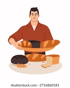 Homem segurando pão. Sortimento de padaria, pães frescos, pedaços de torrada fatiados e baguete de trigo, apresentação do produto. Comida artesanal, massa gourmet. Feliz chef ou vendedor. Ilustração isolada de vetor