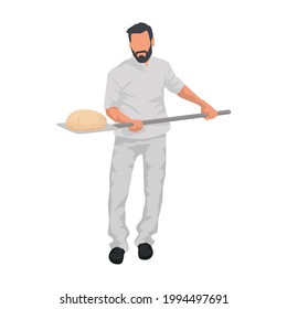 A Man holding bread on the bakery shovel. Maker making bread. Vector illustration