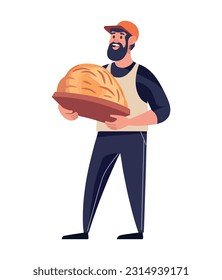 hombre sujetando un pan en un icono de bandeja aislado