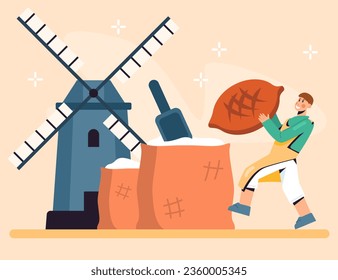 Man holding bread standing near mill and sacks of flour. Flour processing process. Baking bread concept. Vector Illustration in cartoon style in blue and orange colors