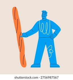 Man holding bread Sticks in hand. Colorful vector illustration
