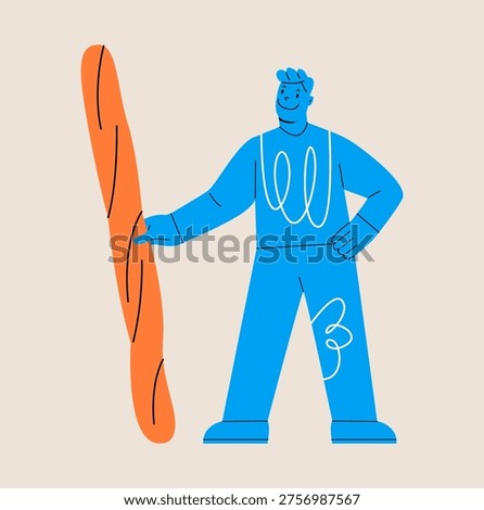 Man holding bread Sticks in hand. Colorful vector illustration
