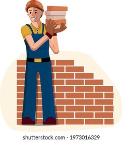 Man holding bricks in hands building wall vector, isolated character. Worker in helmet and protective clothing, engineering flat style