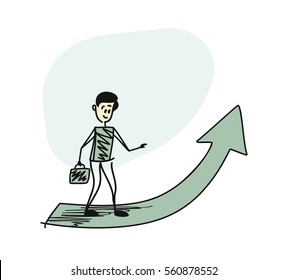 Man holding briefcase standing in front of a big arrow pointing up. Cartoon hand sketch concept isolated vector illustration.