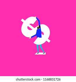 Man holding and bringing white dollar sign on pink background