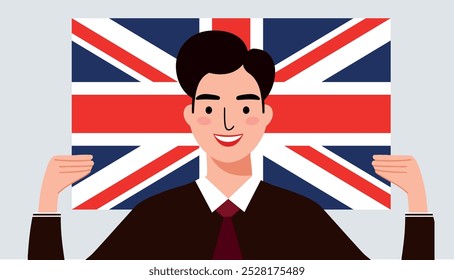 A man is holding a British flag and smiling. Concept of patriotism and pride in one's country