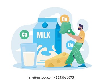 Homem segurando brócolis perto de leite, queijo e vidro de leite com símbolos de cálcio ao redor, estilo plano em fundo branco. Conceito de nutrição rica em cálcio. Ilustração vetorial