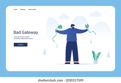 Man Holding Broken Cable. Bad Gateway For Website And Mobile Site. Empty State