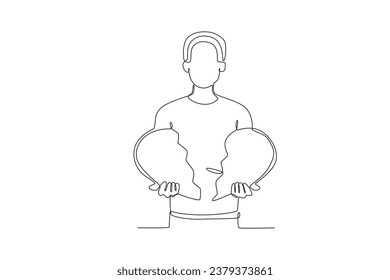 A man holding a broken heart. Breakup one-line drawing