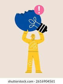 Man holding broken light bulb with crack. Solution fail concept. Colorful vector illustration 


