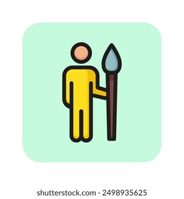 Man holding brush line icon. Graphic editor, picture retouching, designer. Painting concept. Vector illustration can be used for topics like web design, creativity, art