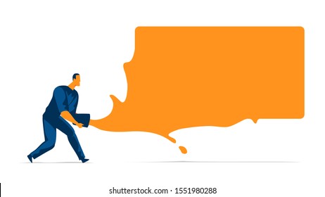 Man holding a bucket of orange color. Copy space. Vector illustration isolated on white background 