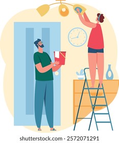 Man holding a bucket while woman cleaning a ceiling lamp from a ladder, showcasing teamwork in housekeeping and home maintenance, creating a tidy and organized living space