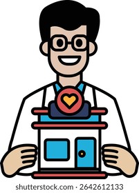 A man is holding a building in his hands. The building has a heart on it. The man is smiling