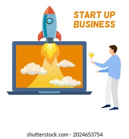 A man holding bulb standing next to laptop that screen shows rocket on fire flying up to the sky, flying over the clouds, successful business concept, good idea being successful business ,start up