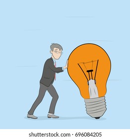 A man is holding a burning light bulb. Concept of idea. vector illustration.