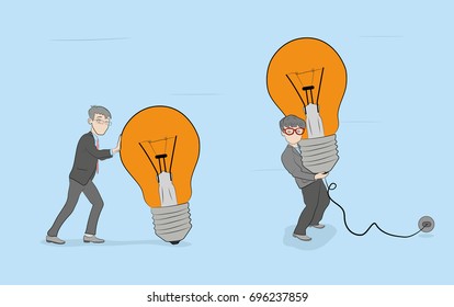 A man is holding a burning light bulb. Concept of idea. vector illustration.